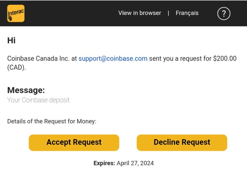 How to send money to Coinbase using Tangerine Interac eTransfer in 5